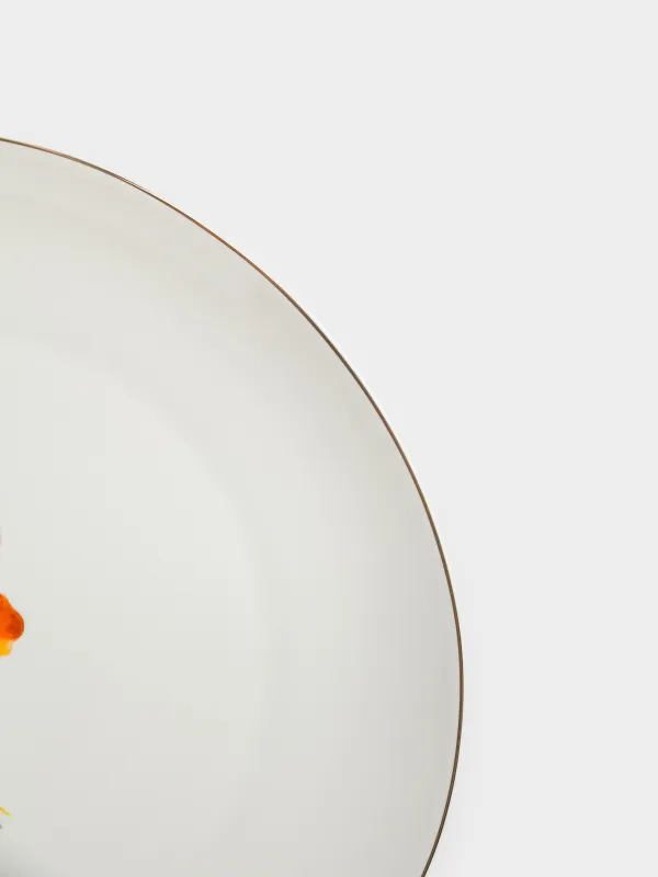 Dinner plate, 28 cm, porcelain N, white, with golden edging, wildflowers, Yarrow, image-3