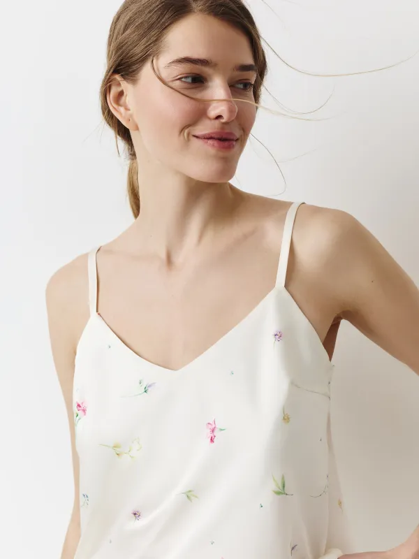 Women's top, homewear, size L, straps, polyester, milky, Flowers, Sevilla, image-0