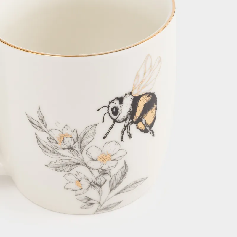 Mug, 380 ml, porcelain N, white, with golden edging, Bumblebee with flower, Bugs, image-5