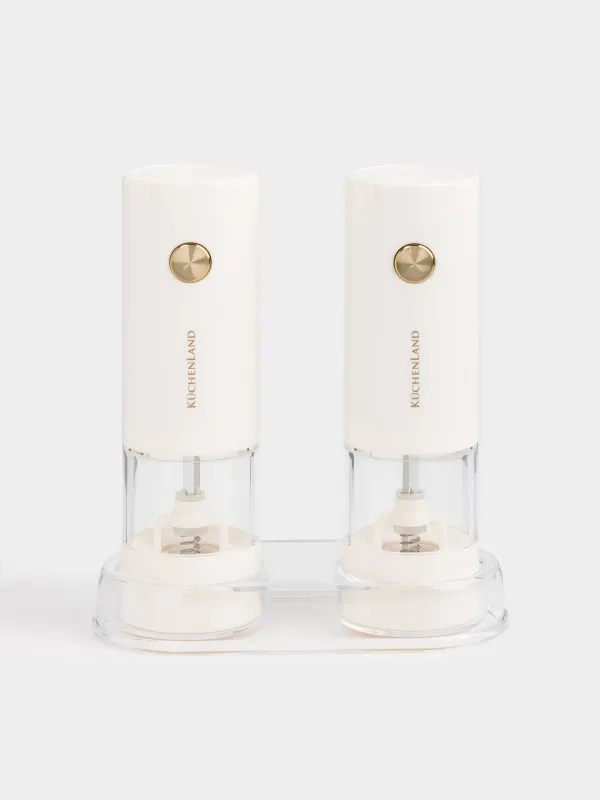 Spice mill, 18 cm, 2 pcs, electric, on a stand, plastic, milky, Liberica light, image-0