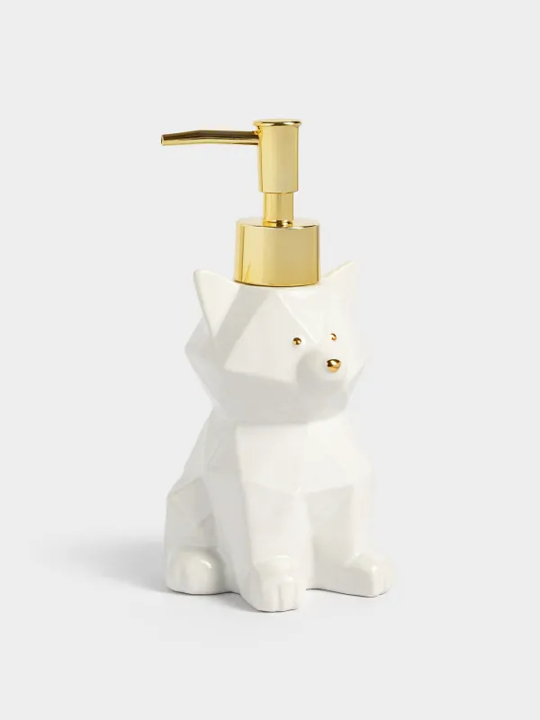 Liquid soap dispenser, 280 ml, ceramic / plastic, white and gold, Cat, Art modern, image-1