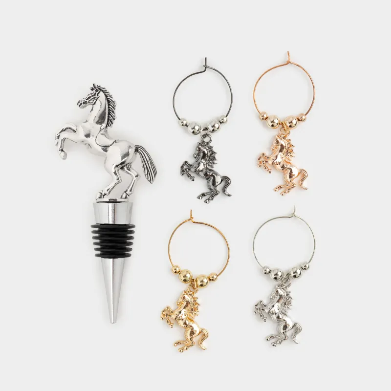 Bottle stopper with pendants, 5 items, metal / beads, Horse, Horse silver