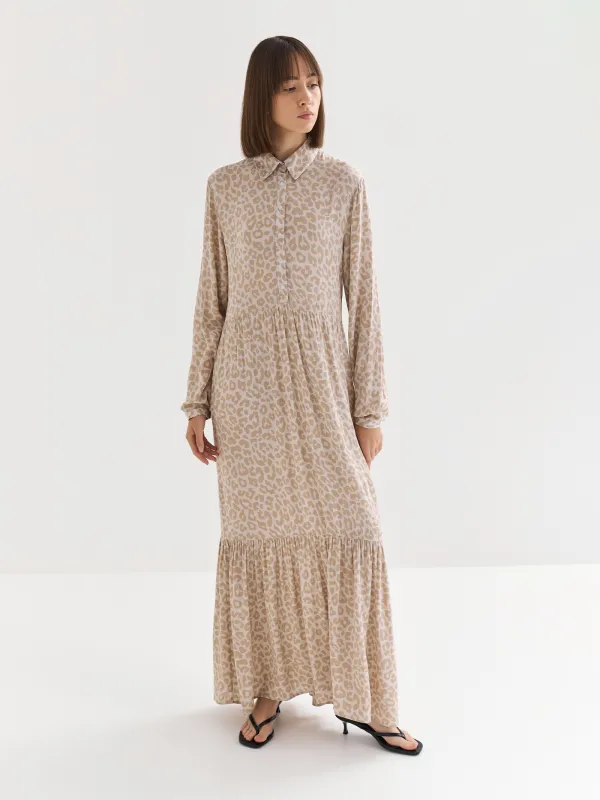 Women's dress, maxi, size S, with long sleeves, Viscose, Gray-beige, Leopard, Becky, image-7
