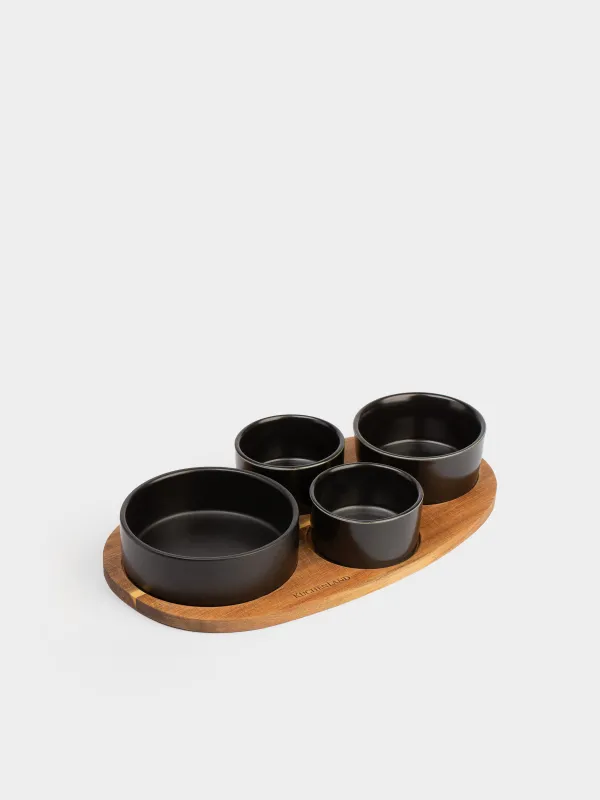 Snack set, 4 pcs, on a stand, ceramic / wood, black, Round bowls, Loft, image-0