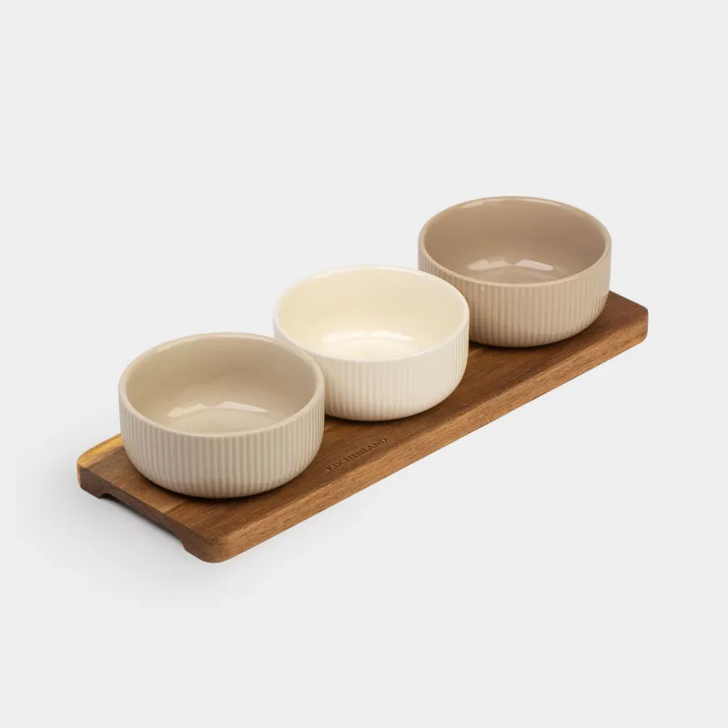 Snack set, 3 pcs, on a stand, ceramic / wood, mix, Ribbed bowls, Noble tree