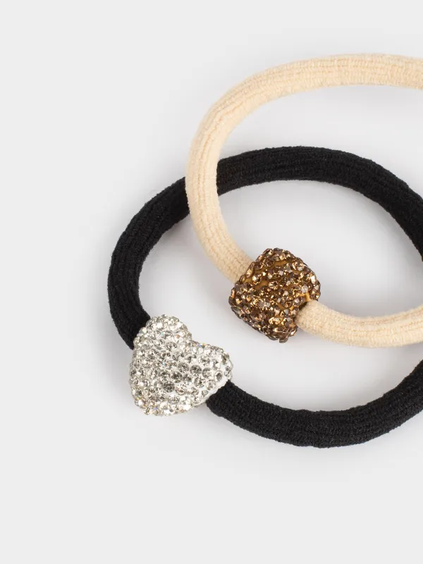 Hair ties set, 6 cm, 2 pcs, polyester / metal, Silver/Champagne, Gracile, image-1