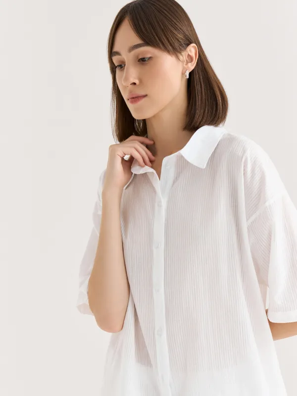 Women's shirt, homewear, size L, with short sleeves, cotton, white, Stripes, Leticia, image-2