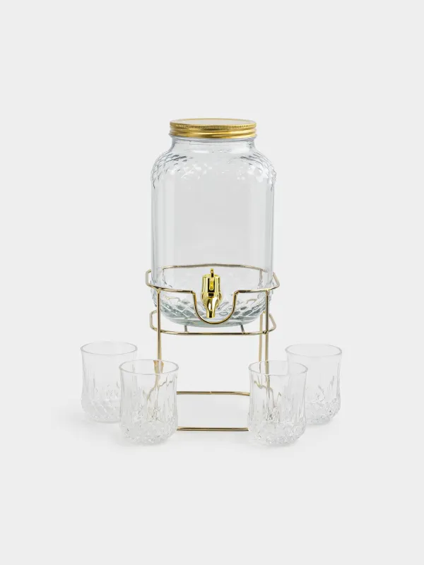 Set for drinks, 4 pers, 5 pr, dispenser on stand, gold, glass / metal, Regale, image-1