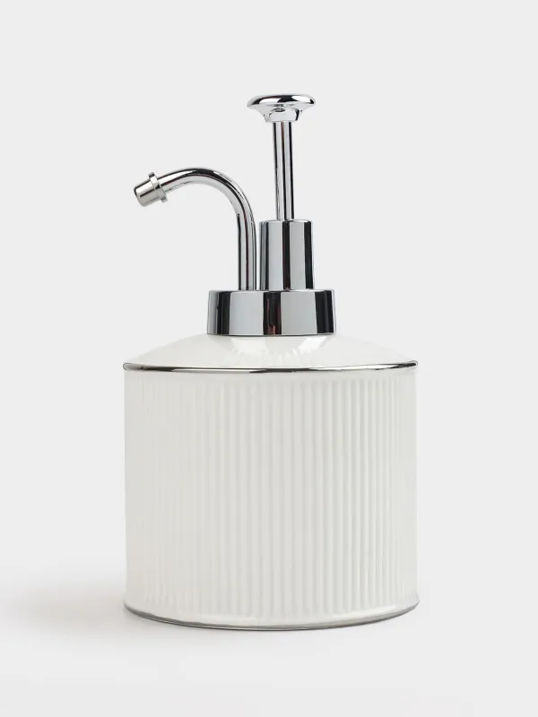 Liquid soap dispenser, 370 ml, ceramic / plastic, white, with silver edging, Kaliopa, image-0