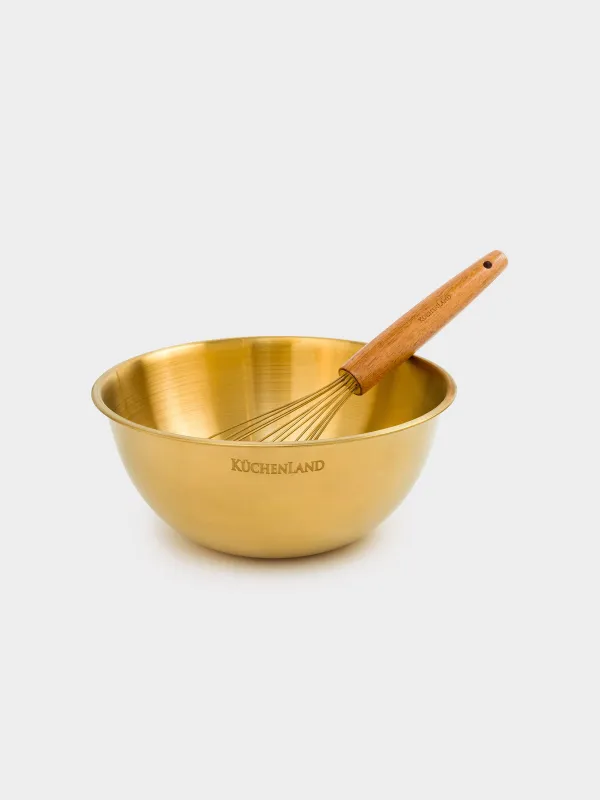 Baking set, 2 items, bowl / whisk, with measuring scale, steel / wood, golden, Classic gold, image-0