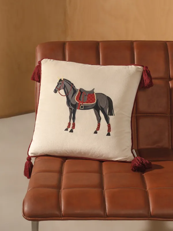 Decorative pillow, 45x45 cm, with tassels, velvet / lurex, burgundy-milk, Horse, Warhorse, image-2