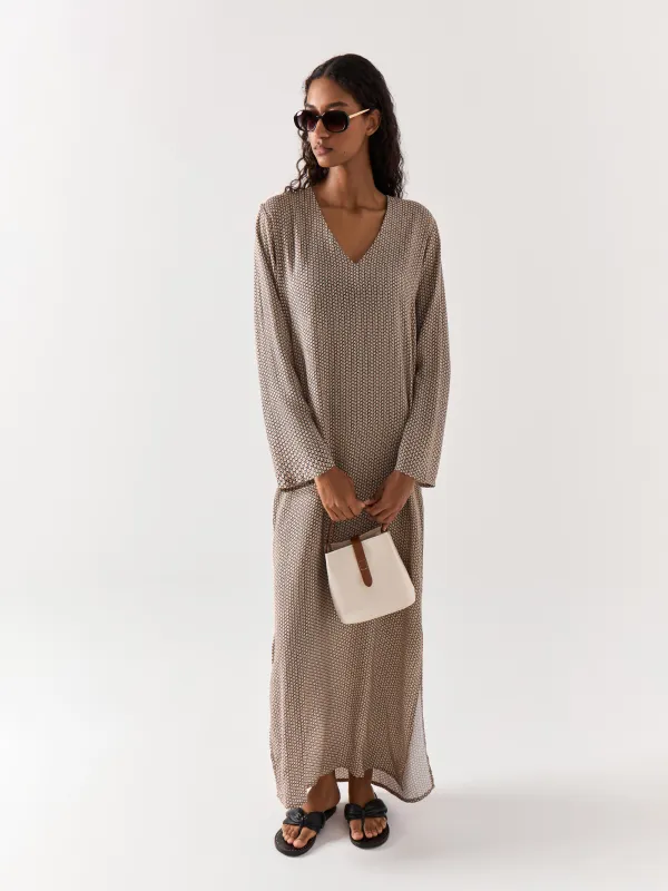 Women's dress, maxi, size S, with long sleeves, viscose, beige, Geometric Pattern, Emri, image-0