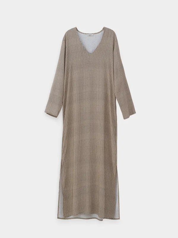 Women's dress, maxi, size S, with long sleeves, viscose, beige, Geometric Pattern, Emri, image-9