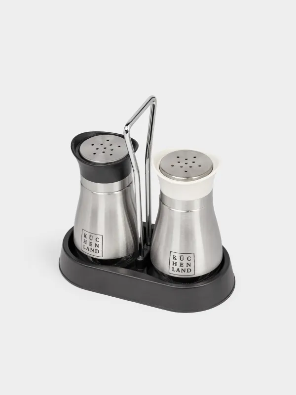 Salt and pepper set, 16 cm, on stand, steel / glass, black / beige, Classic, image-1