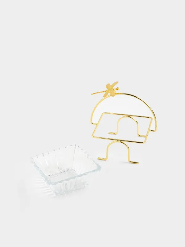 Bowl, 12x12x5 cm, 250 ml, on a stand, gold, glass / metal, Dragonfly, Dragonfly, image-3