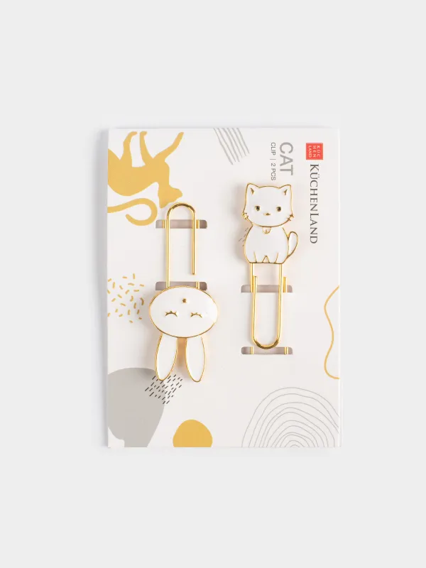 Stationery paper clip, 7 cm, 2 pcs, metal, white, Kitten and rabbit, Cat, image-3