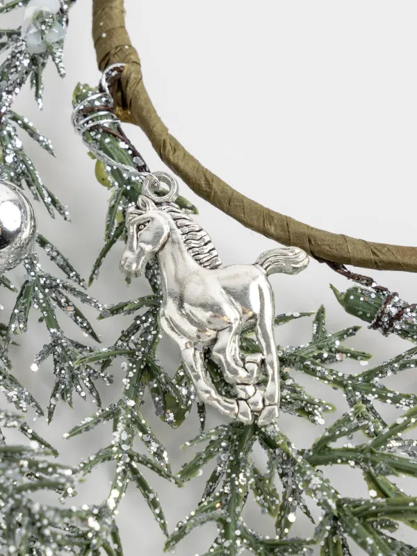Decorative wreath, 10/26 cm, plastic, Silver spruce with horses, Conifer silver, image-1