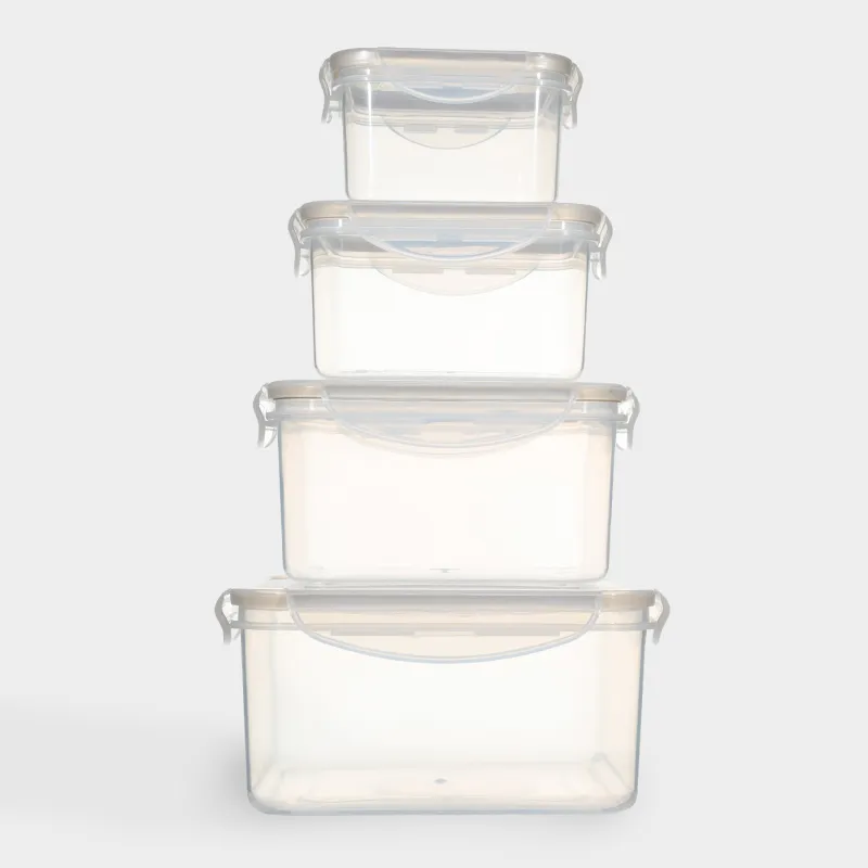 Container set, 4 pcs, with clips, plastic / silicone, Square, Beige, Roomy clip