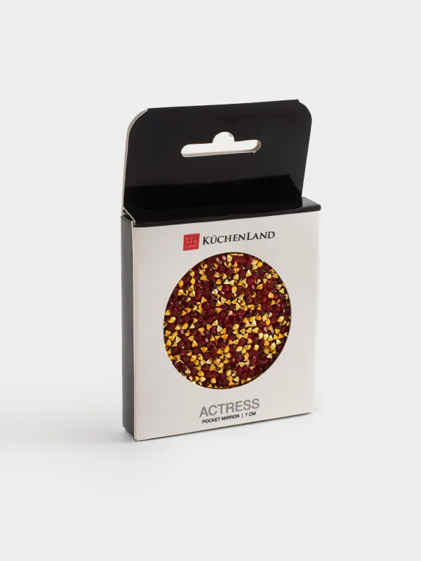 Pocket mirror, 7 cm, double-sided, steel, gold, Red sequins, Actress, image-4