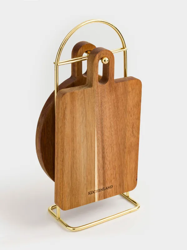 Cutting board set, 2 items, on a stand, wood / steel, rectangular / round, Noble tree , image-0