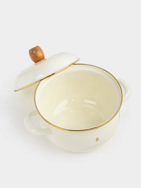 Pot, 20 cm, 2.8 l, with lid, enameled metal / wood, milky, House, Enamel, image-2