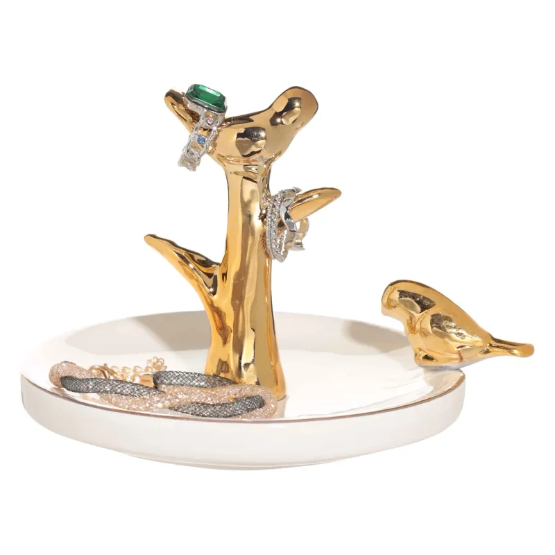 Jewelry holder, 13 cm, ceramic, white and gold, Birds on a branch, Paradise garden, image-4