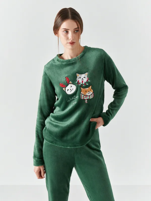 Women's two piece set, homewear, size S, with trousers, fleece, green, Cats, Amber, image-4