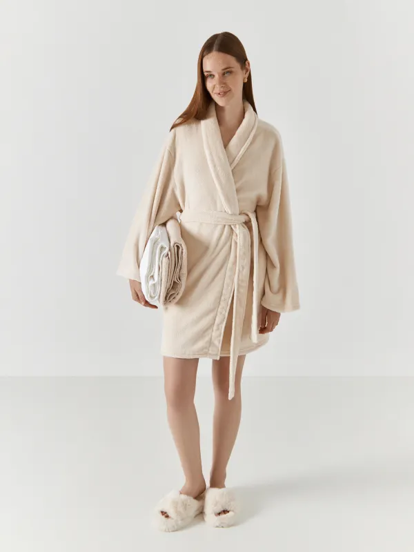 Bathrobe for women, homewear, size S/M, with long sleeves, fleece, milk, Letisha, image-0