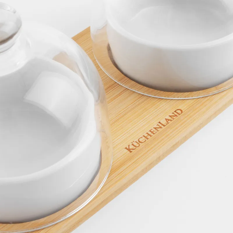 Snack set, 4 items, on a stand, ceramic / bamboo, white, Bowls with lid, Bamboo, image-5