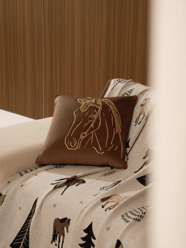 Decorative pillow, 45x45 cm, velvet / beads, brown, Horse, Horse, image-2