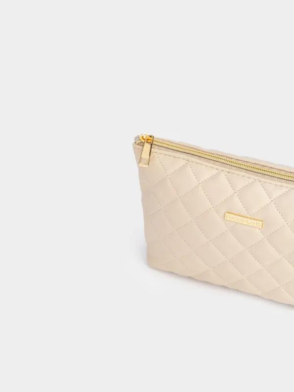 Cosmetic bag, 26x13 cm, quilted, polyurethane, beige, Quilted, image-4