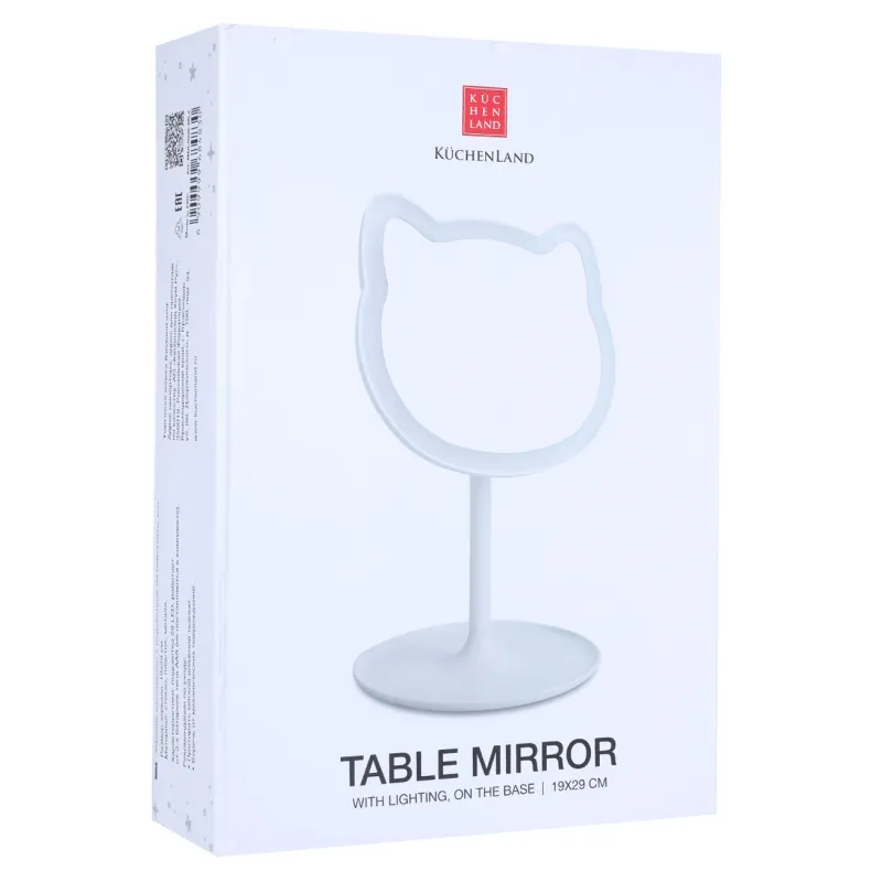 Table mirror, 29x19/13x16 cm, illuminated, on a stand, plastic, white, Cat, Cat, image-1