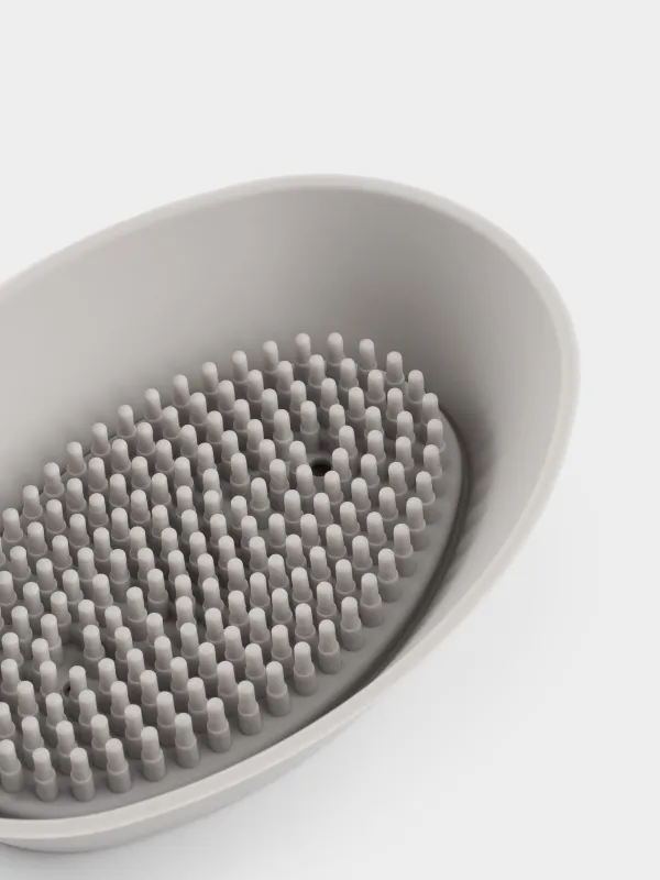 Soap dish-cleaning brush, 14x9 cm, silicone, oval, grey-beige, Manny, image-5