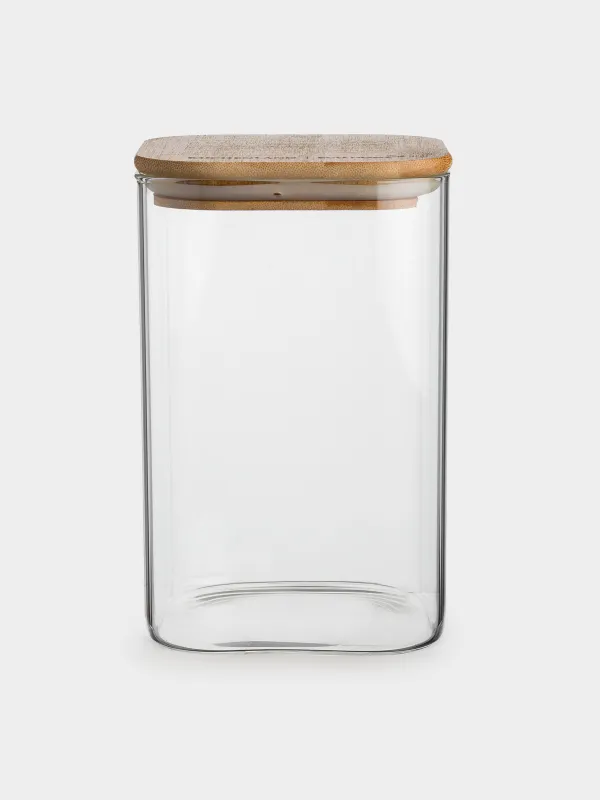 Bulk products jar, 1.1 l, glass / bamboo, square, Home made, image-0