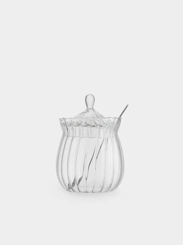 Sugar bowl, 12 cm, 350 ml, with spoon, glass R / steel, Camellia, image-1