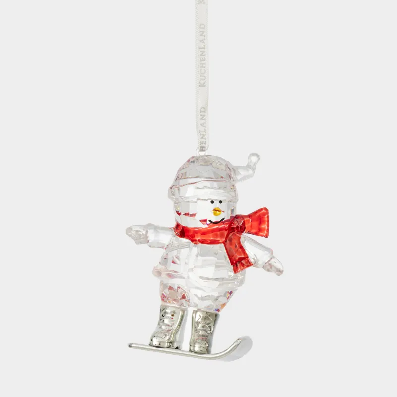Christmas tree toy, 9 cm, acrylic / metal, silver, Snowman on snowboard, Figure crystal