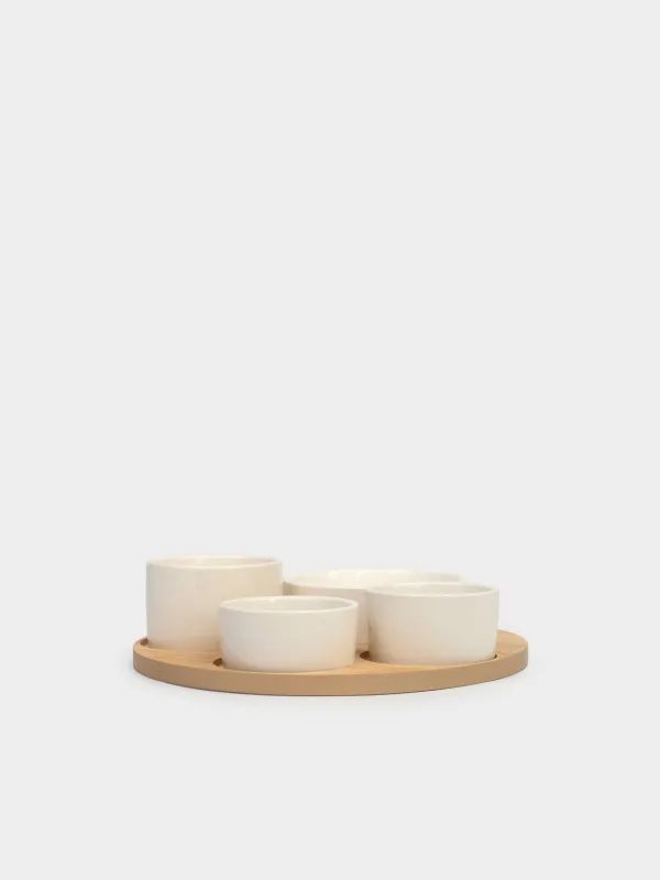 Snack set, 4 pcs, on a stand, ceramic / bamboo, white, round bowls, Bamboo, image-3
