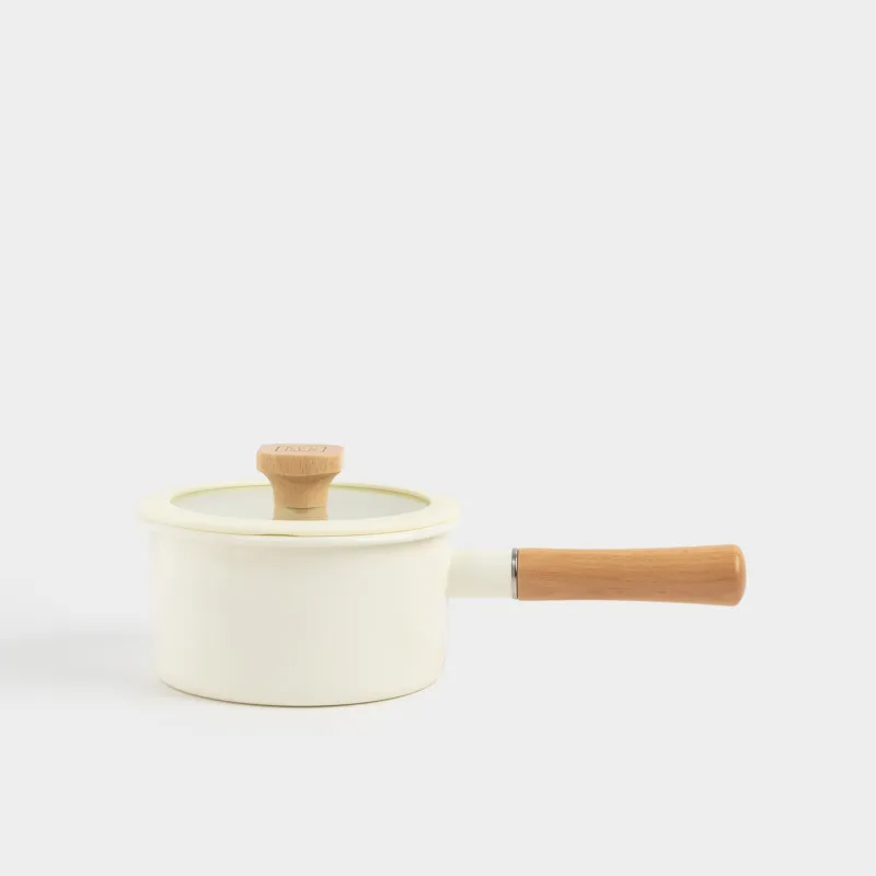 Saucepan, 16 cm, 1.6 l, with lid, enameled metal / wood, milky, Enamel wood