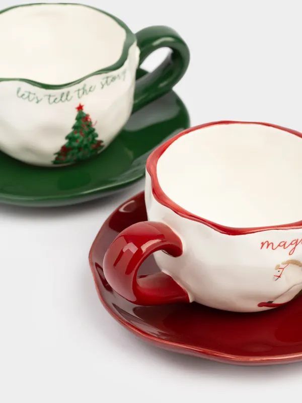 Tea pair, 240 ml, 2 persons, 4 items, ceramic, Christmas tree with bows/Horse, Christmas green, image-2