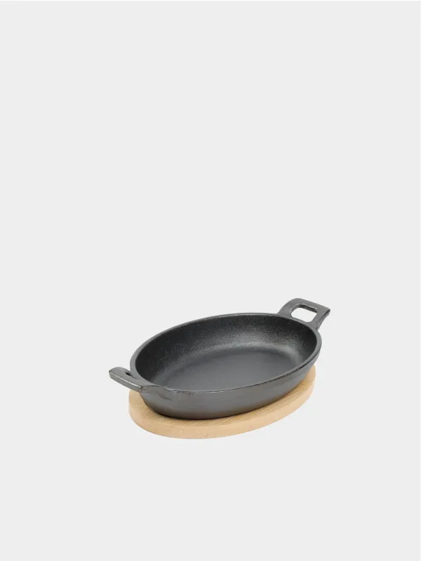 Frying pan, 18 cm, on a stand, with handles, cast iron / bamboo, oval, black, Authentic, image-1