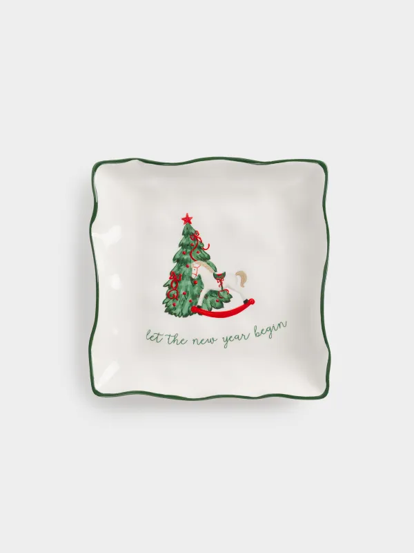 Dish, 22x22 cm, ceramic, square, Horse with Christmas tree, Christmas green, image-0