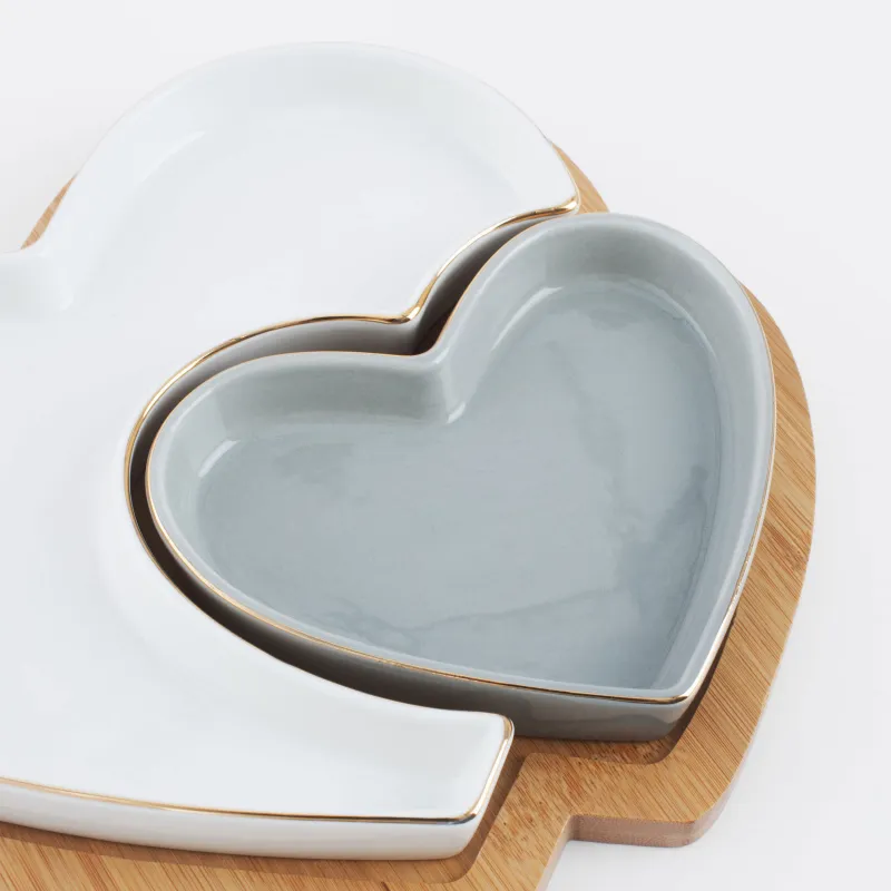 Snack set, 26x22 cm, 2 compartments, collapsible, on a stand, porcelain P / bamboo, white / grey, Heart, image-4