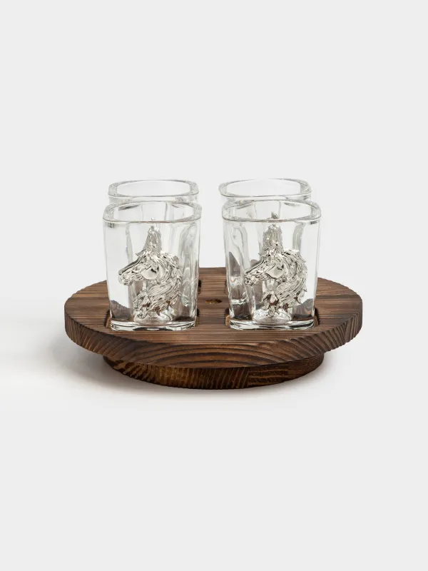 Drinking glass, 60 ml, 4 pcs, on a stand, glass/metal/wood, Horse, Lux elements decor, image-0
