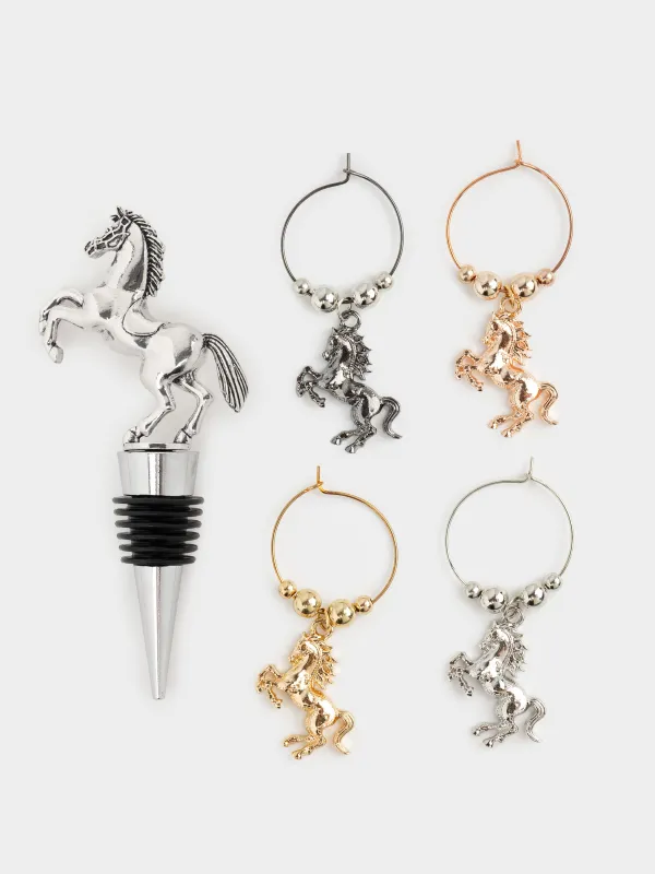 Bottle stopper with pendants, 5 items, metal / beads, Horse, Horse silver, image-0