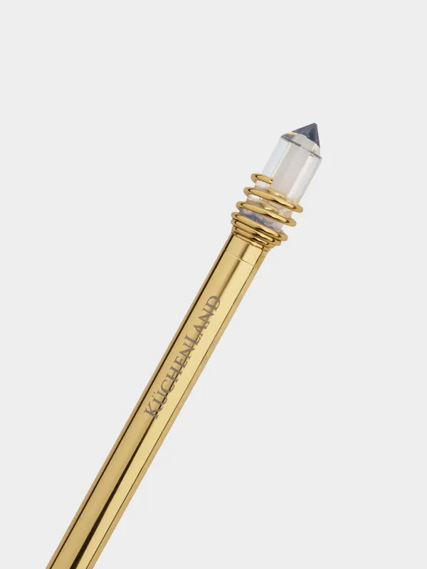 Ballpoint pen, 16 cm, with a figure, metal, gold, Crystal on a spring, Draw figure, image-2