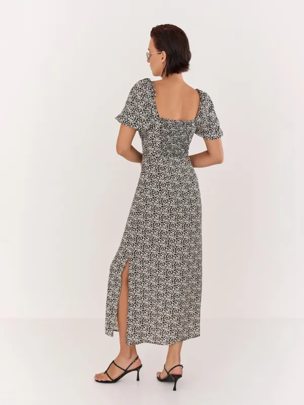 Women's dress, midi, size S, with short sleeves, with a slit, viscose, dark blue, Flowers, Drina, image-5