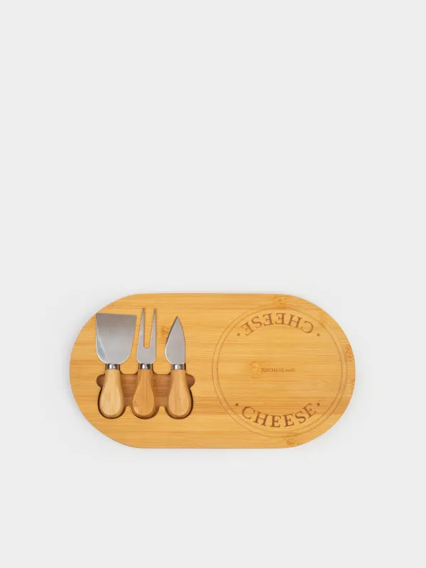 Cheese set, 4 pcs, stand board, Steel / Bamboo, Oval, Cheese, image-2
