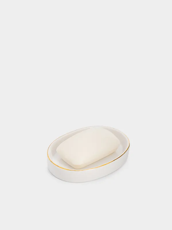 Soap dish, 11. 5x8. 5 cm, ceramic, oval, white-gold, Freya, image-4
