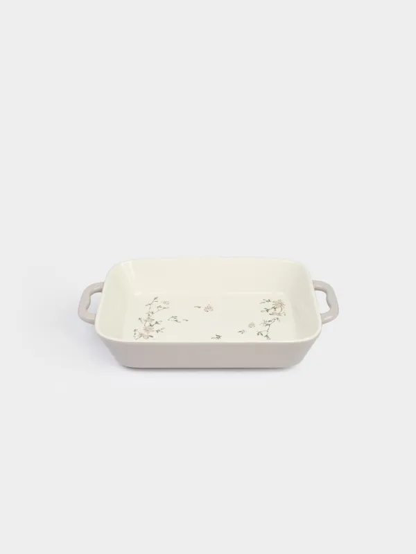 Baking dish, 27x21 cm, ceramic, rectangular, milky beige, Flowers, Florin, image-1