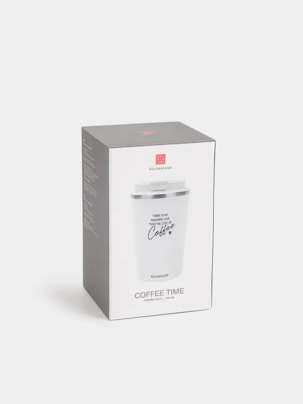 Thermo mug, 350 ml, steel / plastic, white, with inscription, Coffee time, image-5